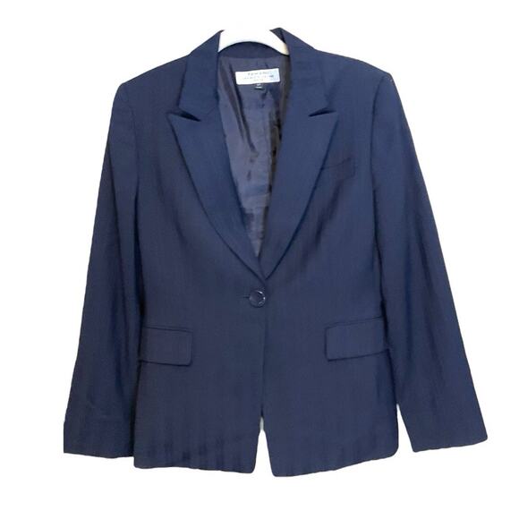 Tahari Navy Blue Subtle Stripe Blazer Jacket Women's Sz 10P Pockets Career - Picture 4 of 11